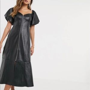 Leather Look Off Shoulder Zip Through MIDI Dress